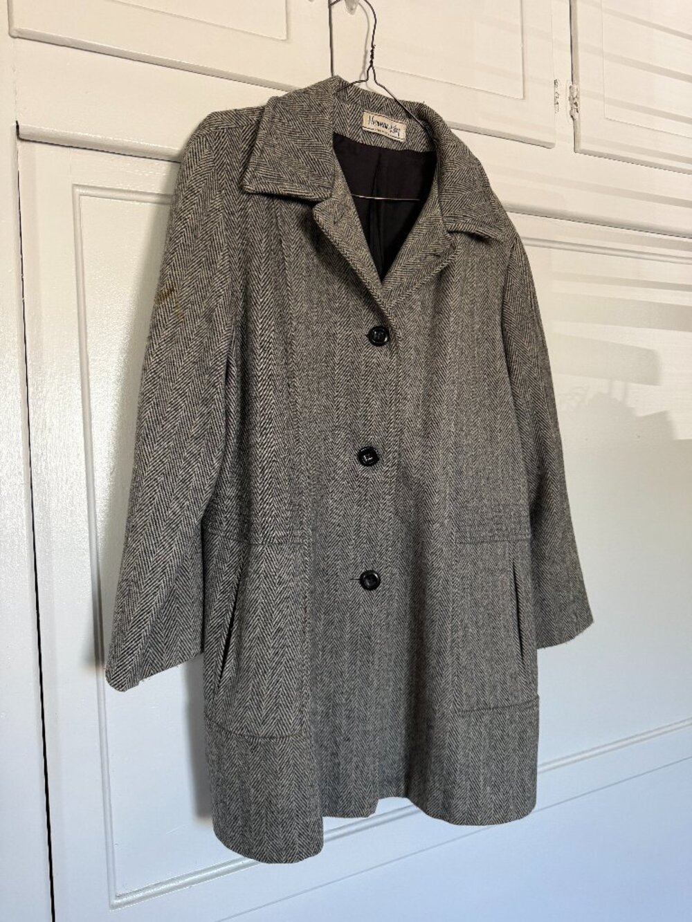 Vintage 1960s Herman Kay Herringbone Swing Coat Gray Tweed USA Women’s L/XL